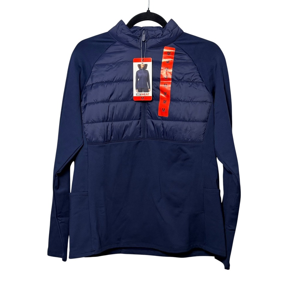 32 Degrees Heat Womens Navy Blue Quilted Mixed Media Quarter Zip Pullover M NEW